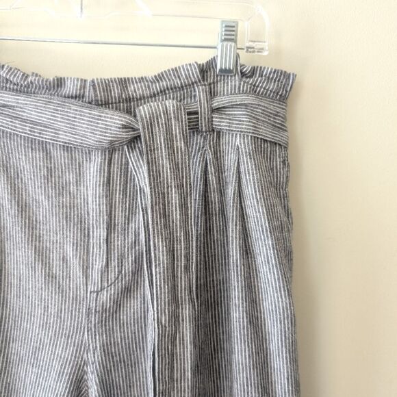 Loft Paperbag Pull On Pants Striped Linen Belted Size Medium - Picture 6 of 9